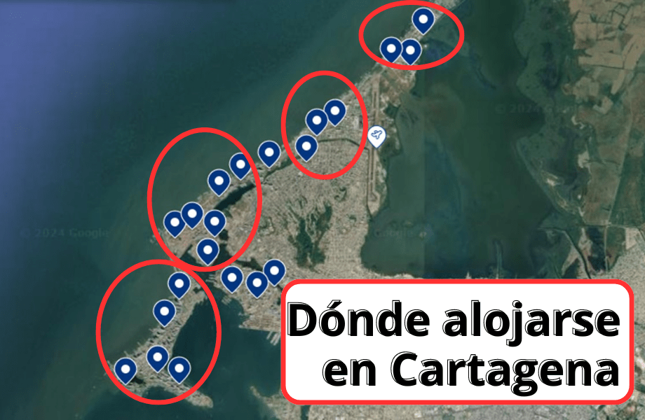Mapa de las mejores zonas donde alojarse en Cartagena de Indias: Centro Histórico, Getsemaní y Bocagrande