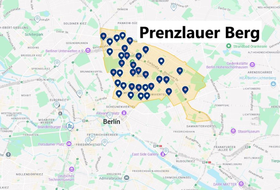 Mapa de la ubicación del barrio de Prenzlauer Berg en Berlín y su distancia al centro