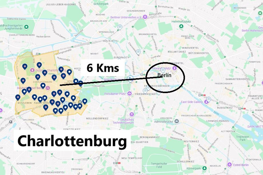 Mapa del barrio de Charlottenburg en Berlín y su distancia al centro de la ciudad