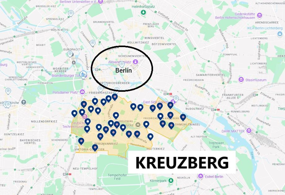 Mapa del barrio de Kreuzberg en Berlín con la ubicación de los alojamientos económicos