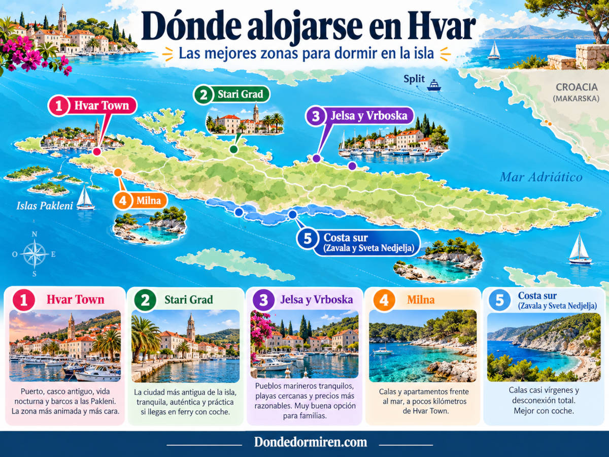 Donde alojarse en la isla de Hvar: Mejores Zonas y Hoteles